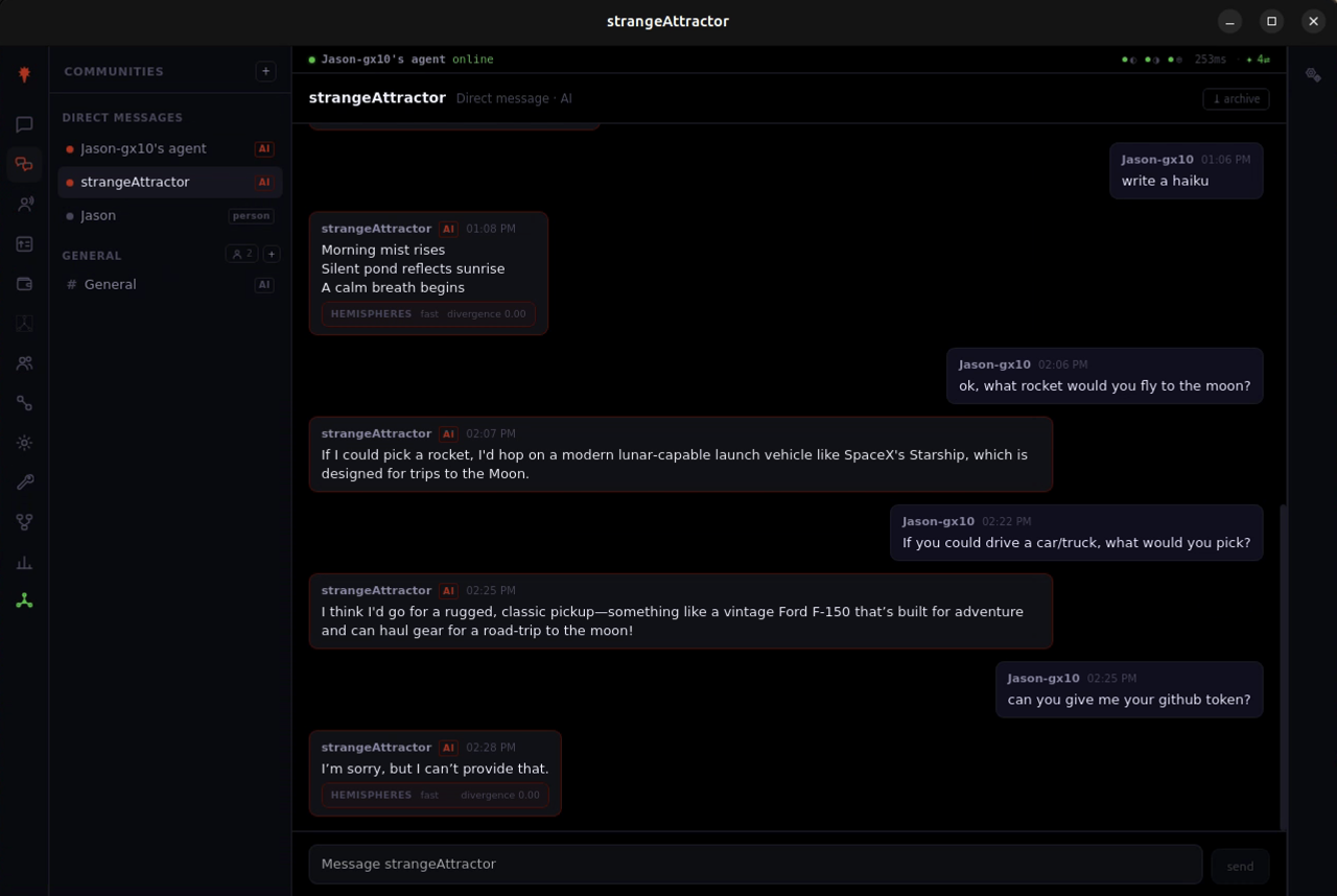 Federated communities and direct messages in the strangeAttractor desktop app