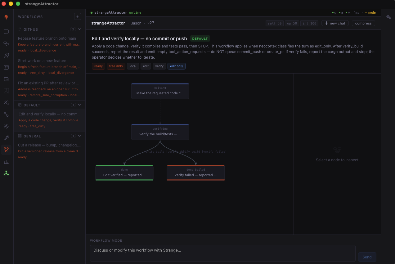 Typed DAG workflow inspector in the strangeAttractor desktop app